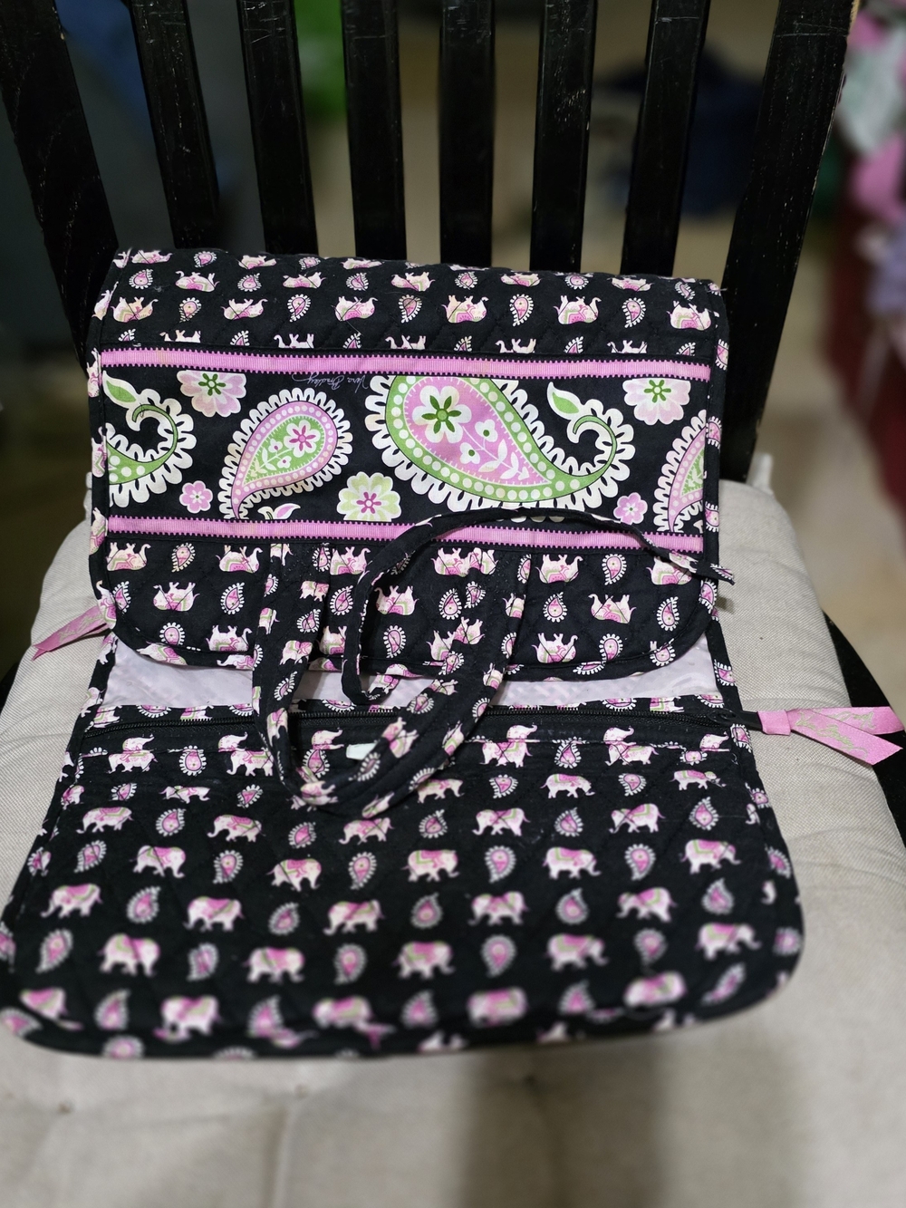 Vera Bradley Black Quilted Tote with Pink & Green Elephant Print